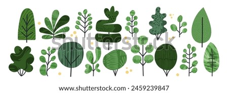 Shrubbery bush hedge simple collage textured vector cartoon illustration. Set of abstract tree shrub, foliage, green tree with texture. Collection of isolated plant silhouette, cute garden eco shape