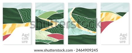 Abstract agriculture wheat field vector collage illustration. Vineyard background, rice farm pattern, green paper sustainable poster. Tea or wine hill aerial view. Modern aesthetic patchwork design