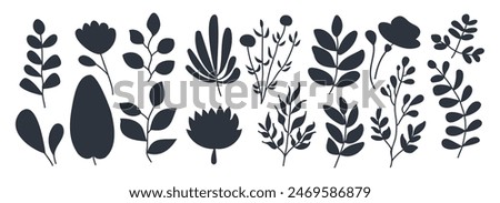 Leaf plant foliage silhouette vector illustration. Hand drawn floral background. Simple black branch tree. Jungle flower set. Summer nature graphic design element. Isolated aesthetic botanical stamp