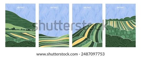 Abstract vector design with green field, wheat, rice, tea plantation. Geometric pattern, watercolor textures. Eco-friendly agriculture, modern elegance. Artistic farm illustration, natural countryside