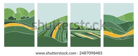 Aerial view of rural farmland: rice, wheat, corn field, tea plantations, grape vineyards. Green landscape, abstract patterns. Flat, geometric design, eco-friendly template. Summer village illustration