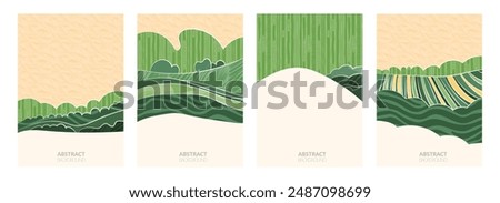 Aerial view of rural farmland: wheat, rice fields, tea, corn, grape vineyards. Geometric patterns, abstract shapes. Sustainable agriculture, green landscape. Flat vector illustration, nature backdrop