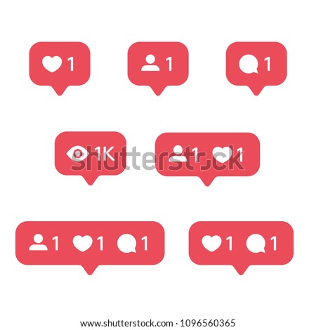 Red Heart like, new message bubble, friend request quantity number notifications icons templates. Social network app icons.