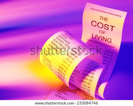 Cost of living shopping list showing the prices of running a home with coloured lighting and copy space.