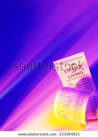 Cost of living shopping list showing home finance figures with coloured lighting and copy space.