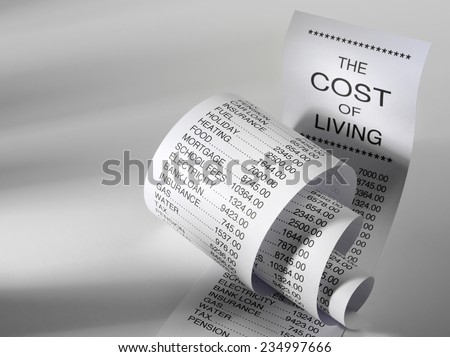Cost of living shopping list showing the expense of home finance with copy space