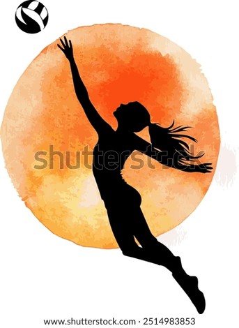 Silhouette of a female volleyball player jumping to spike the ball against a Vibrant Orange Background.