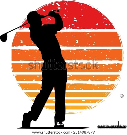 Silhouette of a Male Golfer mid-swing with a Golf Club against a vibrant Orange and Red Sunset stripe background.