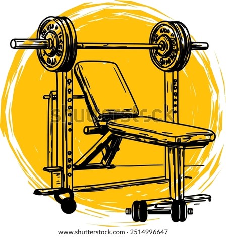 Illustration of a Gym Bench Press with Barbell and Weights against a Bold Yellow Circle Background.