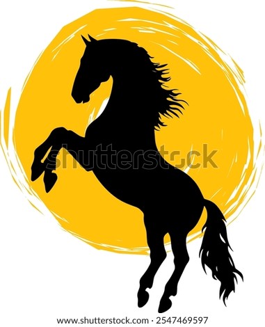 Silhouette of a Rearing Majestic Black Horse in Front of a Bold Yellow Circular Background, Symbolizing Power, Freedom, and Artistic Elegance.