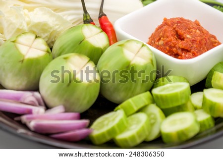 Close up of thai hot and spicy chili sauce with vegetables for local food on white background