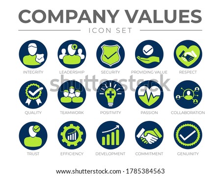 Company Core Values Round Icon Set. Integrity, Leadership, Security, Providing Value, Respect, Quality, Teamwork, Passion, Collaboration, Trust, Efficiency, Development, Commitment, Genuinity Icons.