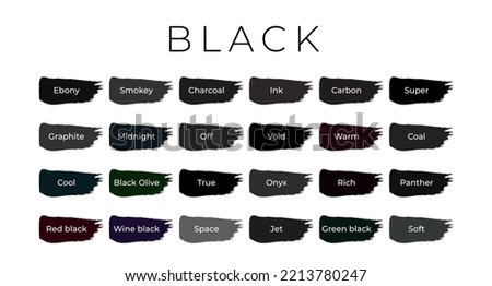Black Paint Color Swatches with Shade Names on Brush Strokes