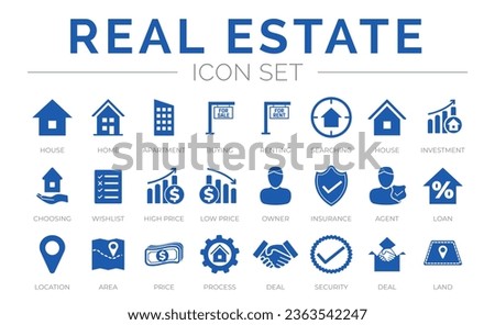 Real Estate Icon Set of Home, House, Apartment, Buying, Renting, Searching, Investment, Choosing, Wishlist, Price, Owner, Insurance, Agent, Loan, Location, Area, Price, Process, Deal, Land, Security