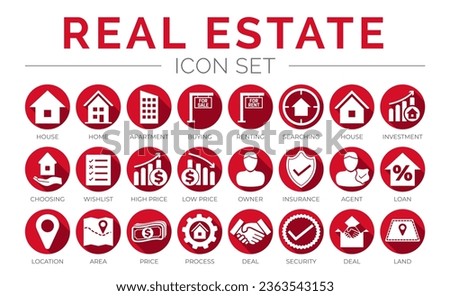 Red Flat Real Estate Round Icon Set of Home, House, Apartment, Buying, Renting, Owner, Insurance, Agent, Loan, Location, Area, Price, Process, Deal, Land, Security, Icons.