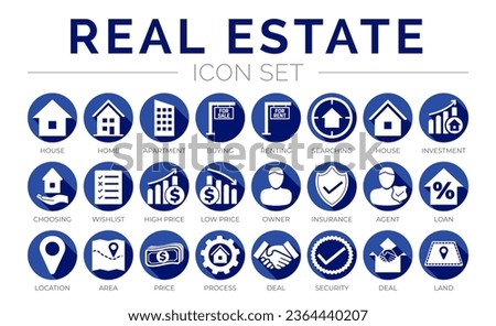 Blue Flat Real Estate Round Icon Set of Home, House, Apartment, Buying, Renting, Wishlist, Low High Price, Owner, Insurance, Agent, Loan, Location, Area, Price, Process, Deal, Land, Security, Icons.