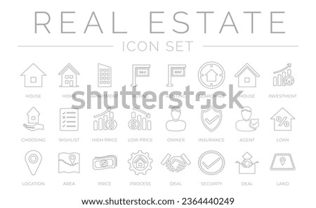 Outline Real Estate Icon Set of Home, House, Apartment, Buying, Renting, Searching, Investment, Choosing, Owner, Insurance, Agent, Loan, Location, Area, Price, Process, Deal, Land, Security, Icons.