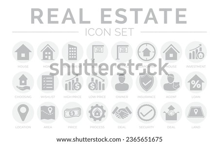 Gray Real Estate Round Icon Set of Home, House, Apartment, Buying, Renting, Searching, Investment, Choosing, Wishlist, Low High Price, Owner, Insurance, Area Price, Process, Deal, Land, Security Icons