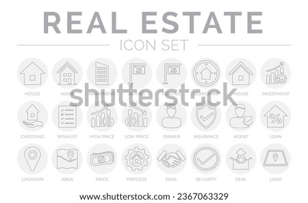 Gray Outline Real Estate Round Icon Set of Home, House, Apartment, Choosing, Wishlist, Low High Price, Owner, Insurance, Agent, Loan, Location, Area, Price, Process, Deal, Land, Security, Icons.