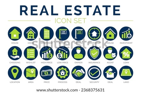 Blue Green Real Estate Round Icon Set of Home, House, Apartment, Buying, Renting, Searching, Investment, Choosing, Wishlist, Low High Price,Location, Area, Price, Process, Deal, Land, Security, Icons.