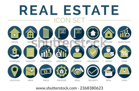Colorful Real Estate Round Icon Set of Home, House, Apartment, Buying, Renting, Investment, Choosing, Wishlist, Owner, Insurance, Agent, Loan, Location, Price, Process, Deal, Land, Security, Icons.