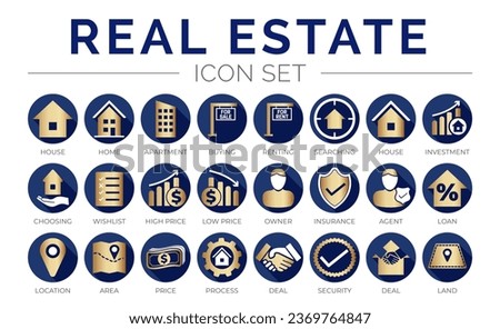 Gold Blue Real Estate Round Icon Set of Home, House, Apartment, Buying, Renting, Searching, Investment, Price Owner, Insurance, Agent, Loan, Location, Area, Price, Process, Deal, Land, Security, Icons