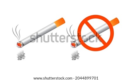 vector no smoking sign with cigarette.cigarette illlustration for no smoking.realistic  cigarette drawing with gradients and ash.burning cigarette with red core and smoke.stop smoking.quit smoking.