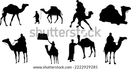 vector silhouettes of camel isolated over white background.arab man and camel ready to edit silhouettes for various graphic design purposes.vector pack of arabic man riding camel.