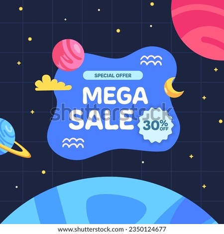 Mega Sale offer banner promotion for kid and children with space planet astronomy theme concept