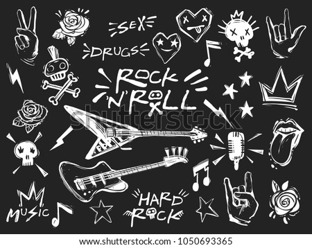 Rock n roll elements collection. Vector hard rock doodle illustrations, signs, objects, symbols. Cartoon rock star icon for music band, concert, party. Isolated on Black background
