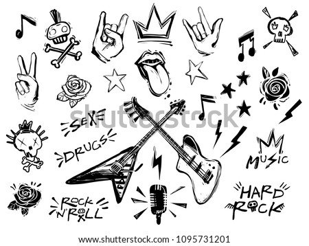 Punk rock n roll elements collection. Vector hard rock doodle illustrations, signs, objects, symbols. Cartoon rock star icon for music band, concert, party. Isolated on white background