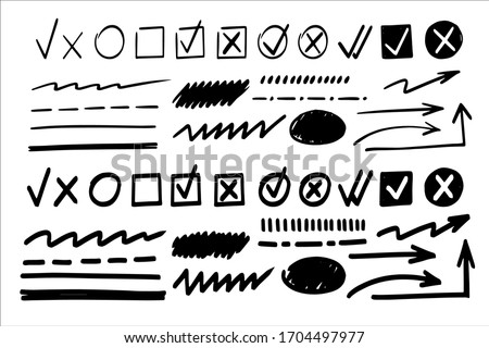 Marker check box. Hand drawn vector mark for list. Brush stroke, circle, round line, tick icon. Pen arrow, wrong mark, doodle cross, underline, handwritten pencil sketch. Black on white background