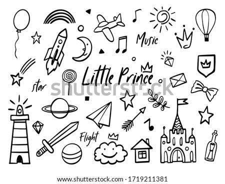 Doodle baby boy little prince sketch set. Collection of black hand drawn symbols. Cute magic crown, star,
geometric, sword, shield, castle, airplane for little baby boy. Design kit white background