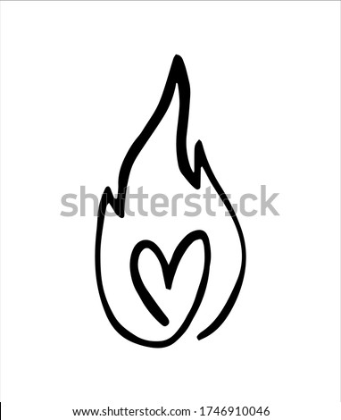 Line fire heart and flame. Graphic element vector. Sketch fire heart, in love. Hand drawing hot black tattoo illustration on white vintage background. Line bonfire draw. Retro brush outline love