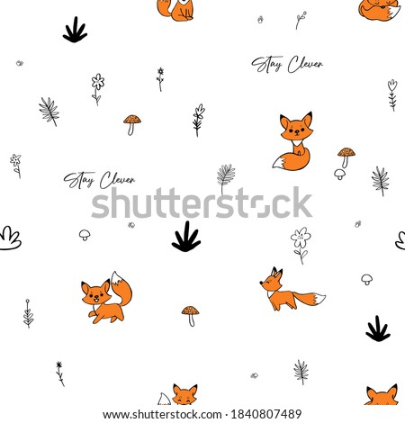 Doodle fox, forest animal sketch seamless pattern for nursery. Cartoon vector illustration. Cute graphic background. Print for kids. Scandinavian design for little baby room.