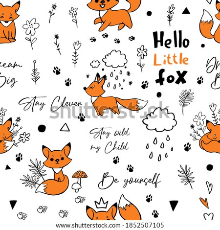 Brave doodle fox. Seamless pattern for nursery. Cartoon vector illustration. Cute graphic background. Print for kids. Scandinavian design for little baby room.