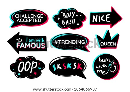 Youth teens party props, cloud, arrow, speech. Modern advertising social media birthday celebration design. Tik icon fashion photo booth. Black blue pink tok sticker white background. Vector graphic.