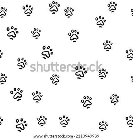 Doodle cat paw seamless pattern. Kitten tracks and footprints paths background. Black line sketch art icon. Cute cartoon kids design. Outline drawing logo minimal style.