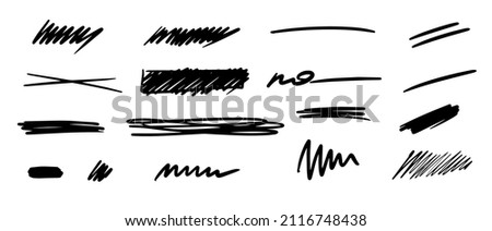 Doodle brush or marker underline slroke black line sketch set. Pencil pen mark vector illustration. Hand drawn simple elements on white background. Cool hand drawn graphic print.