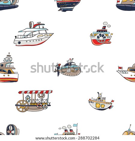 Funny cute hand drawn kids toy water transport for nursery decoration. Baby bright cartoon boat, yacht, hovercraft, water-bus, steamship, cruise, submarine vector seamless pattern on white background.