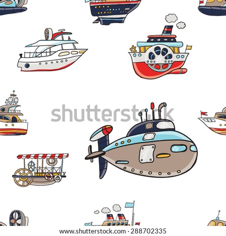 Funny cute hand drawn kids toy water transport for nursery decoration. Baby bright cartoon boat, yacht, hovercraft, water-bus, steamship, cruise, submarine vector seamless pattern on white background.