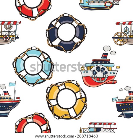 Funny cute hand drawn kids toy water transport for nursery decoration. Baby bright cartoon lifebuoy, lifering, water-tram, water-bus, steamship, cruise vector seamless pattern on white background.