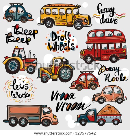 Funny cute hand drawn kids toy transport and slogans. Baby bright cartoon tractor, bus, truck, car vector seamless pattern on light background. Set of isolated elements