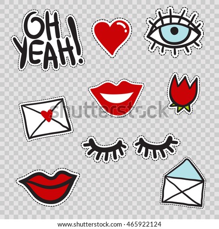 Set of cute patches elements: lowered lashes, oh yeah phrase, blue eye, red tulip flower, envelope, love mail, heart, smile lips. Vector stikers kit. Modern doodle pop art sketch badges and pins.