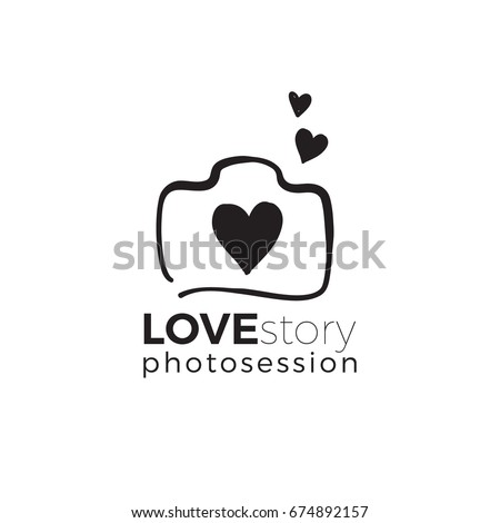 Love story and wedding hotography and photo studio hand drawn logo black color sketch. Vector design element, business sign, logo, identity, label, badge and branding for business. Vector illustration