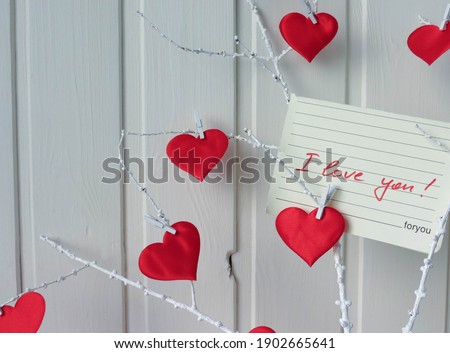 Russia, Moscow region, Lobnya, 01.25.2021: Note 'I love you!' on a white twig decorated with red hearts. On a white wooden background Сток-фото © 