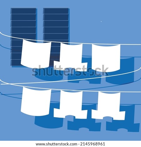 country-side vibe; white bed clothing and T shirts hanging on lines in front of windows to dry; wash on a line; created on a blue background in flat vector