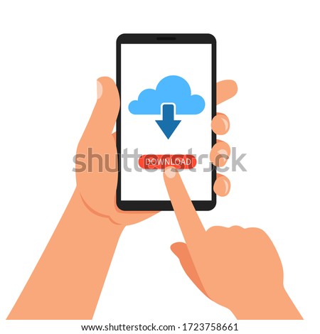 Hand holding smartphone with cloud and download button. Vector Illustration.