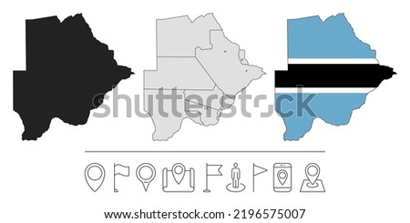 Set of different Botswana maps with national flag. Navigation line icons. Vector illustration.