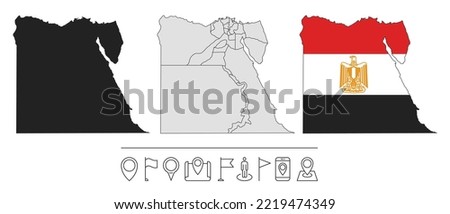 Set of different Egypt maps with national flag. Navigation line icons. Vector illustration.